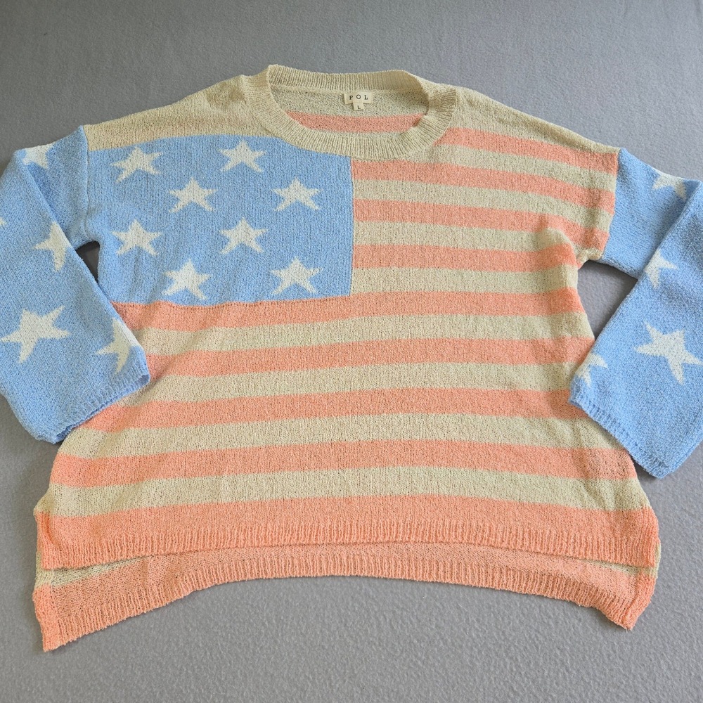 POL American Flag Sweater Womens L Peach Blue Stars Stripes BST40A Oversized